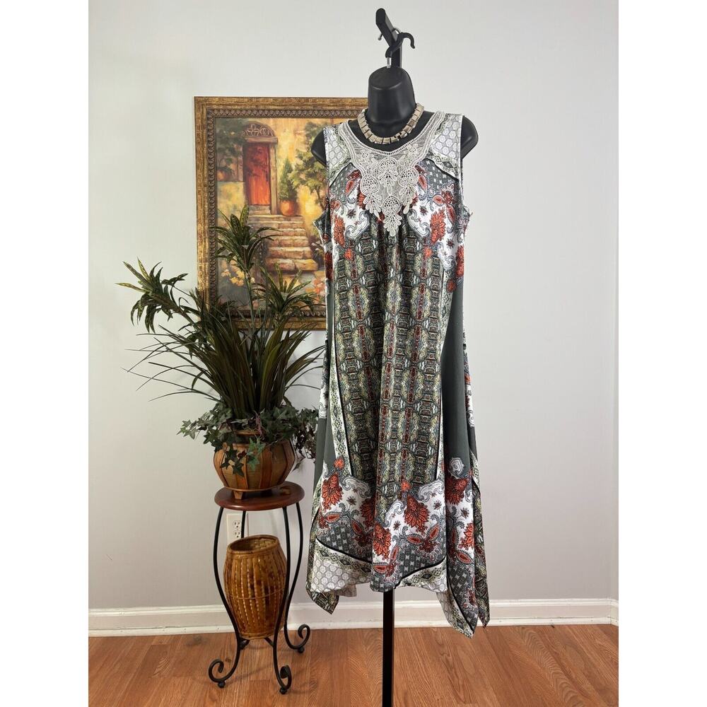 One World Kaftan Dress Womens Medium Gray Paisley Print Sleeveless Lace‎ Trim